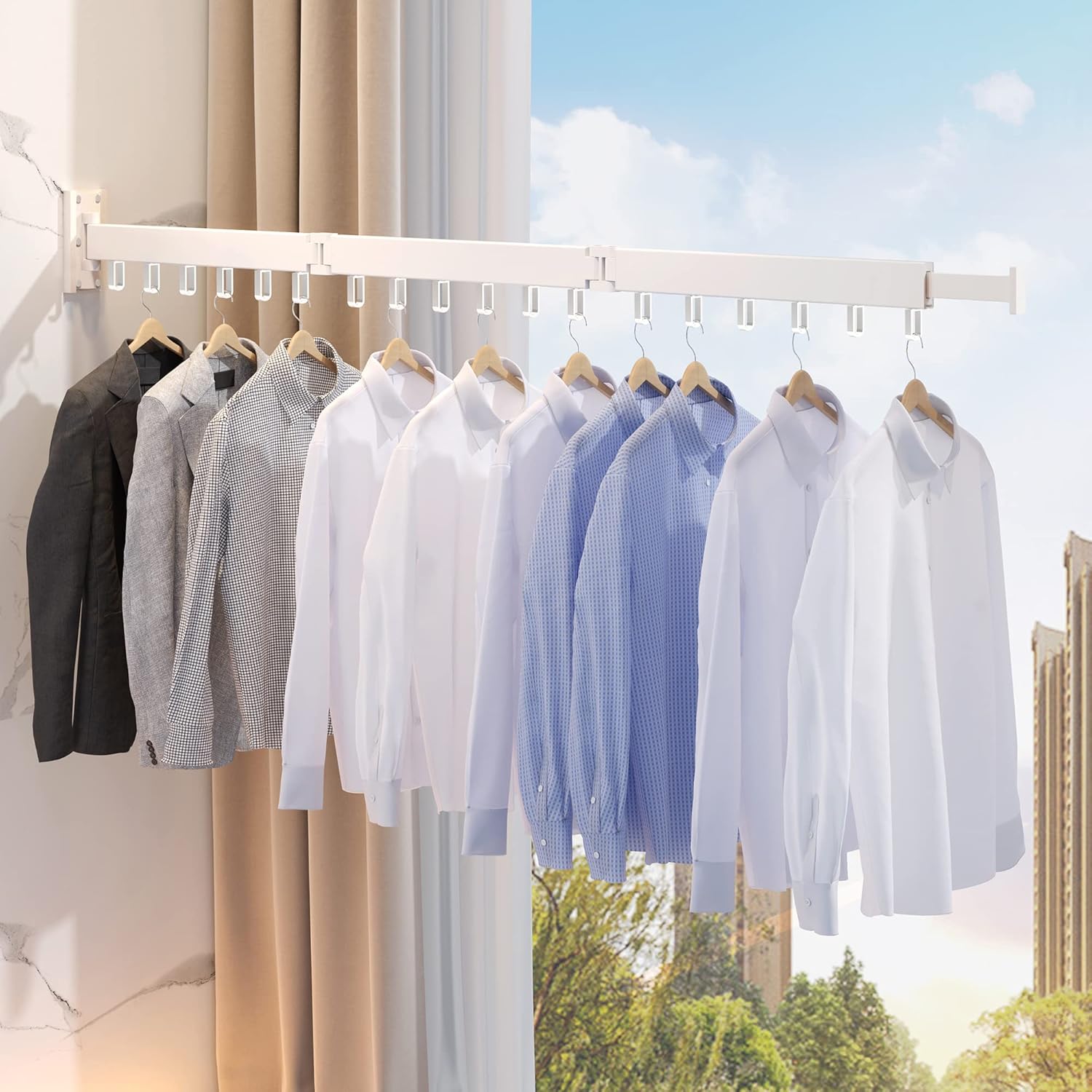 Clothes Drying Rack Wall Mounted,Drying Rack Clothing,Clothes Hanging Rack,Retractable,Collapsible(Tri-Fold), White Color(Ring) - NestledHome