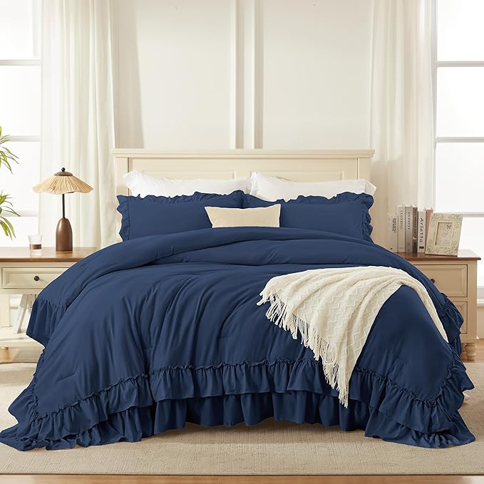 Andency Navy Blue Full Size Comforter Set (79x90Inch), 3 Pieces Farmhouse Shabby Chic Ruffle Bedding Comforter Sets, All Season Soft Lightweight Microfiber Bed Set