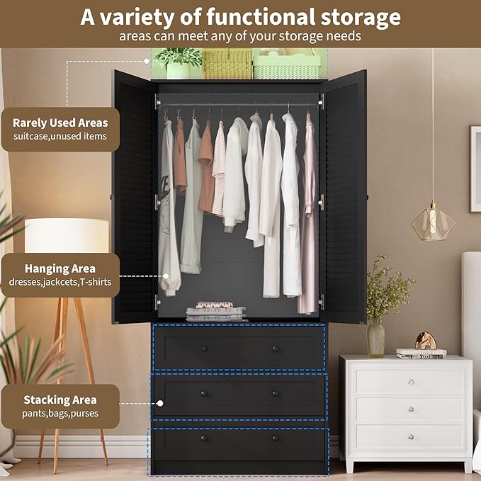 GarveeHome Armoire Wardrobe Closet with Drawers, 69.5 in Wooden Wardrobe Cabinet with Hanging Rod, 2 Doors Clothing Storage Cabinet for Bedroom, Large Capacity Storage, Louvered Door, Black