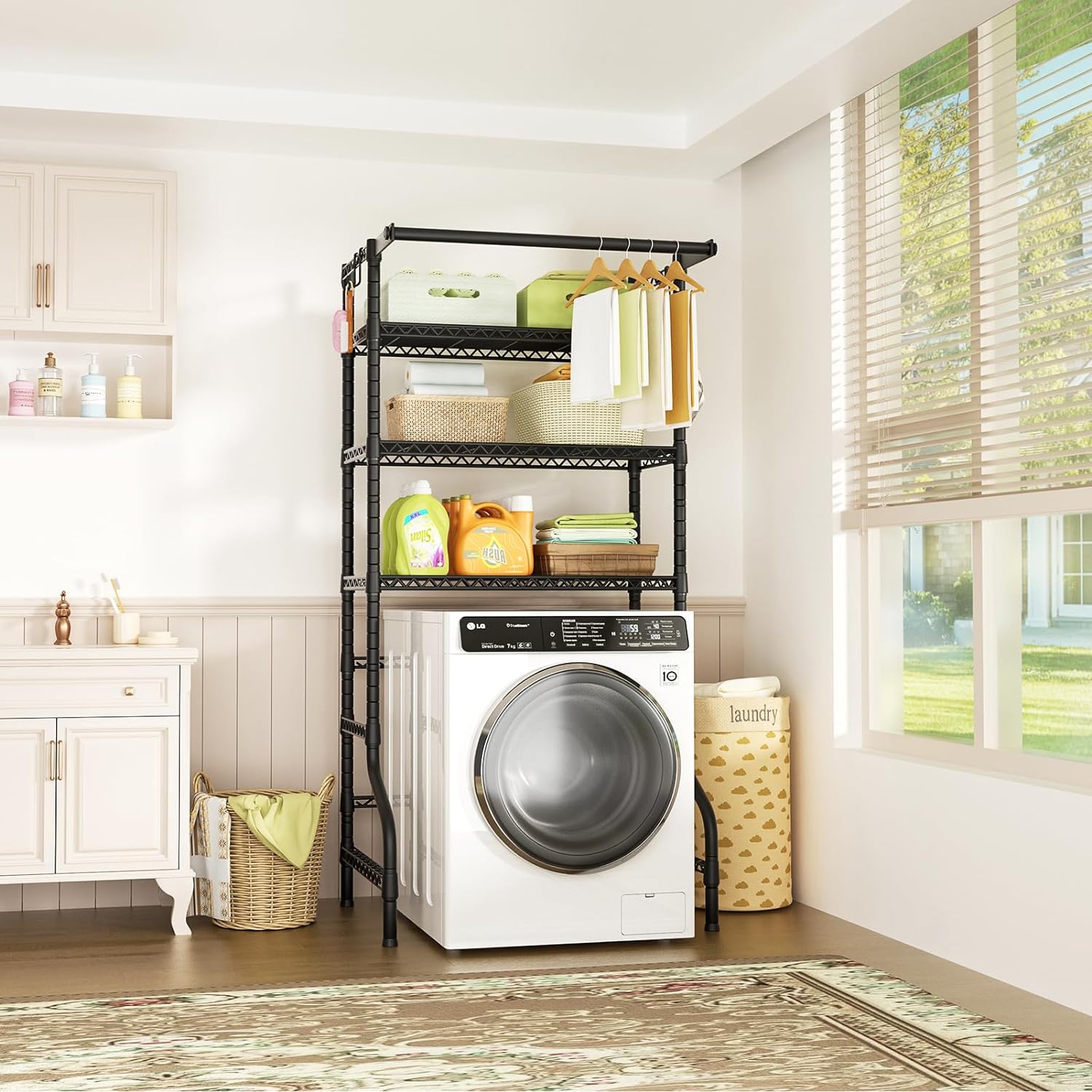 Ulif U11 Over Washer and Dryer Shelves, 3 Tiers Laundry Room Storage and Organizer Standing Shelf, Metal Freestanding Clothes Drying Rack, 33.9" W x 19.7" D x 77.6" H, Black - NestledHome