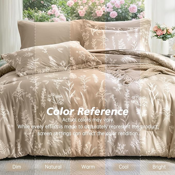 MUXHOMO Taupe Bed in a Bag King 7 Pieces, King Comforter Set Reversible Botanical Flowers Design, Ultra Soft & Breathable Bedding Sets with Comforter, Sheets, Pillowcases & Shams