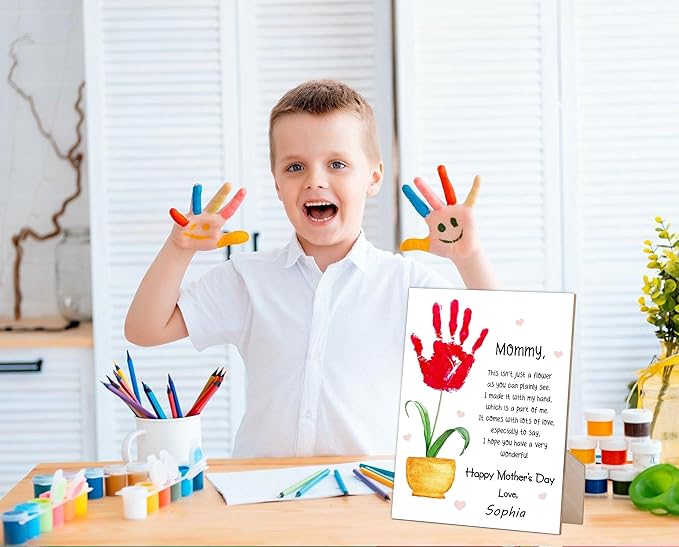 rorusio Mommy Handprint Poem, Happy Mothers Day Sign with Stand and Hook with Stand and Hook - 9x12 Inch, Mothers Day Crafts Handprint Keepsake, Personalized Gifts for Mom from Daughter & Son