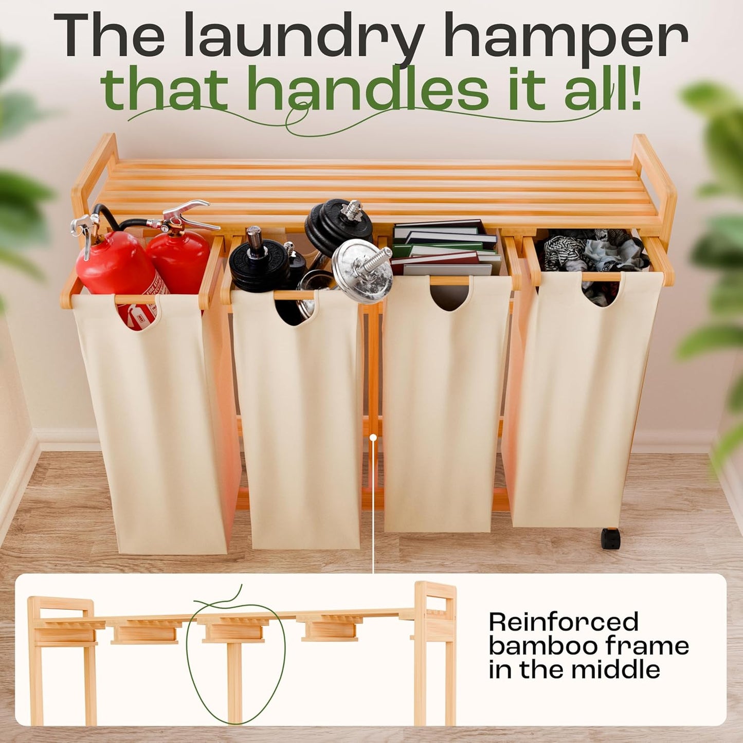 Laundry Sorter with 4 Sections beige, Hamper with Removable Cotton Bags & Wheels – Perfect Laundry Organizer - Eco-Friendly Rolling Laundry Basket – Durable Bamboo and Stylish Design - NestledHome