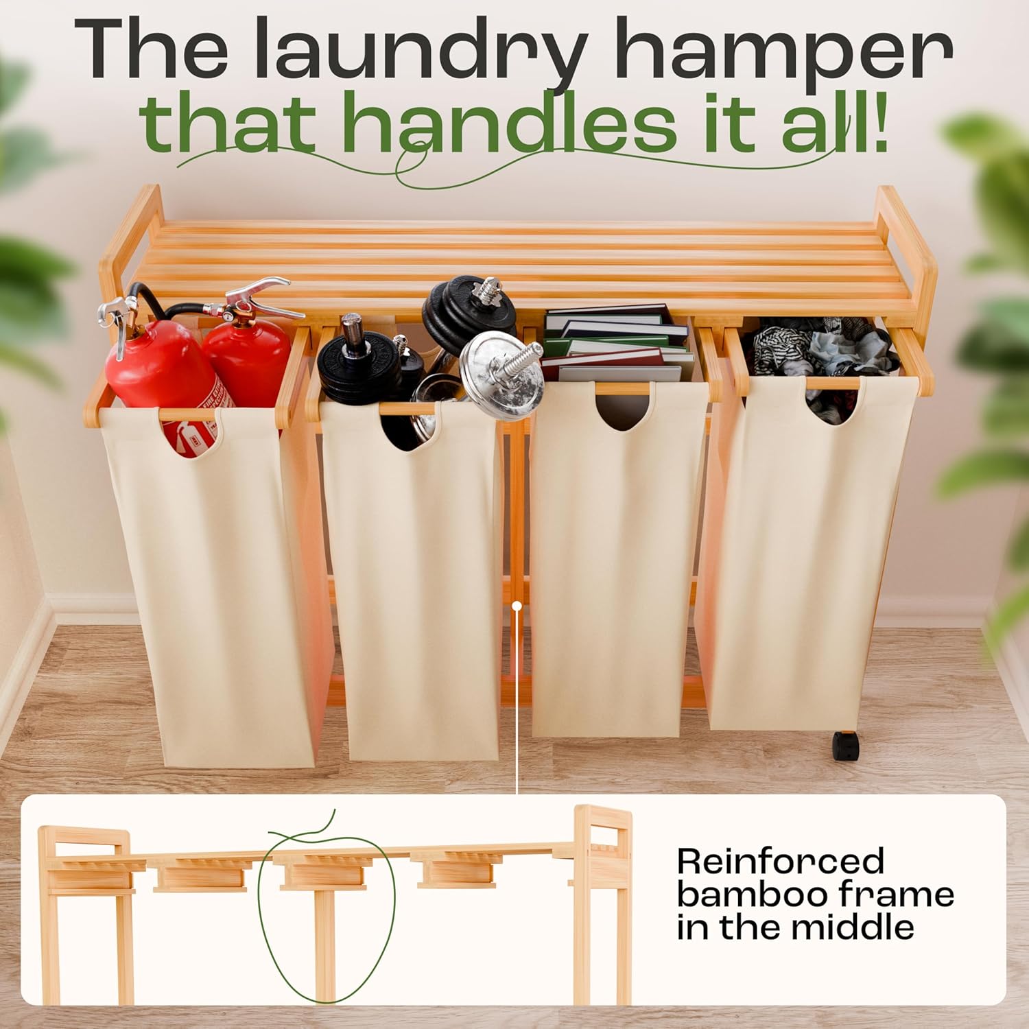 Laundry Sorter with 4 Sections beige, Hamper with Removable Cotton Bags & Wheels – Perfect Laundry Organizer - Eco-Friendly Rolling Laundry Basket – Durable Bamboo and Stylish Design - NestledHome