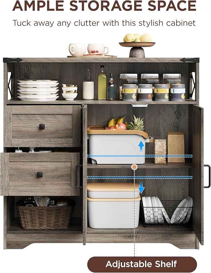 Vabches Farmhouse Buffet Sideboard Cabinet with Drawers and Open Shelf, 38.5" Storage Cabinet with Adjustable Shelves and Door, Modern Coffee Bar Hutch Pantry for Kitchen, Living Room, Entryway, Grey