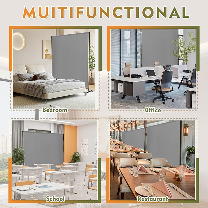 Room Divider Screen 72"x72" with Lockable Caster Wheels, Privacy Panel for Home, Office, or Classroom, Easy to Move and Secure with Brake,Height Adjustable (Gray, 72 X 72 Inches)