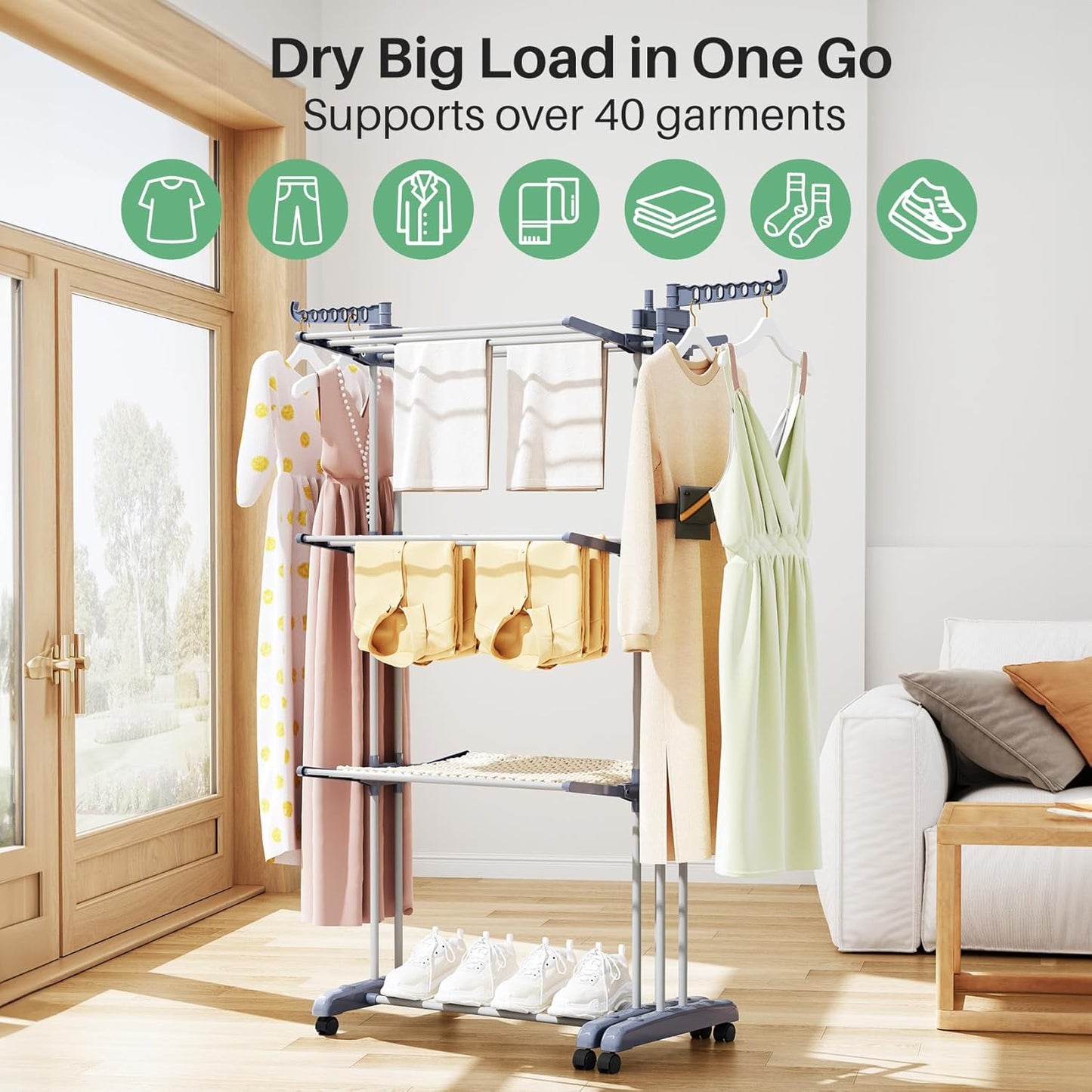 Kitstorack Clothes Drying Rack - Foldable Movable Clothes Rack Drying 30.0" W to 59.0" W Extensible Drying Rack Clothing Oversized 4-Tier Stainless Steel Large Clothes Rack Drying Indoor and Outdoor - NestledHome
