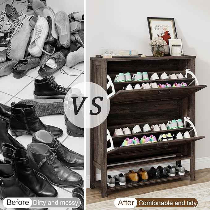 Vabches Shoe Storage Cabinet, Farmhouse Freestanding Organizer with 2 Flip Drawers, Wooden Hidden Narrow Slim Shoe Rack Cabinet for Entryway, Hallway, Foyer, Dark Oak