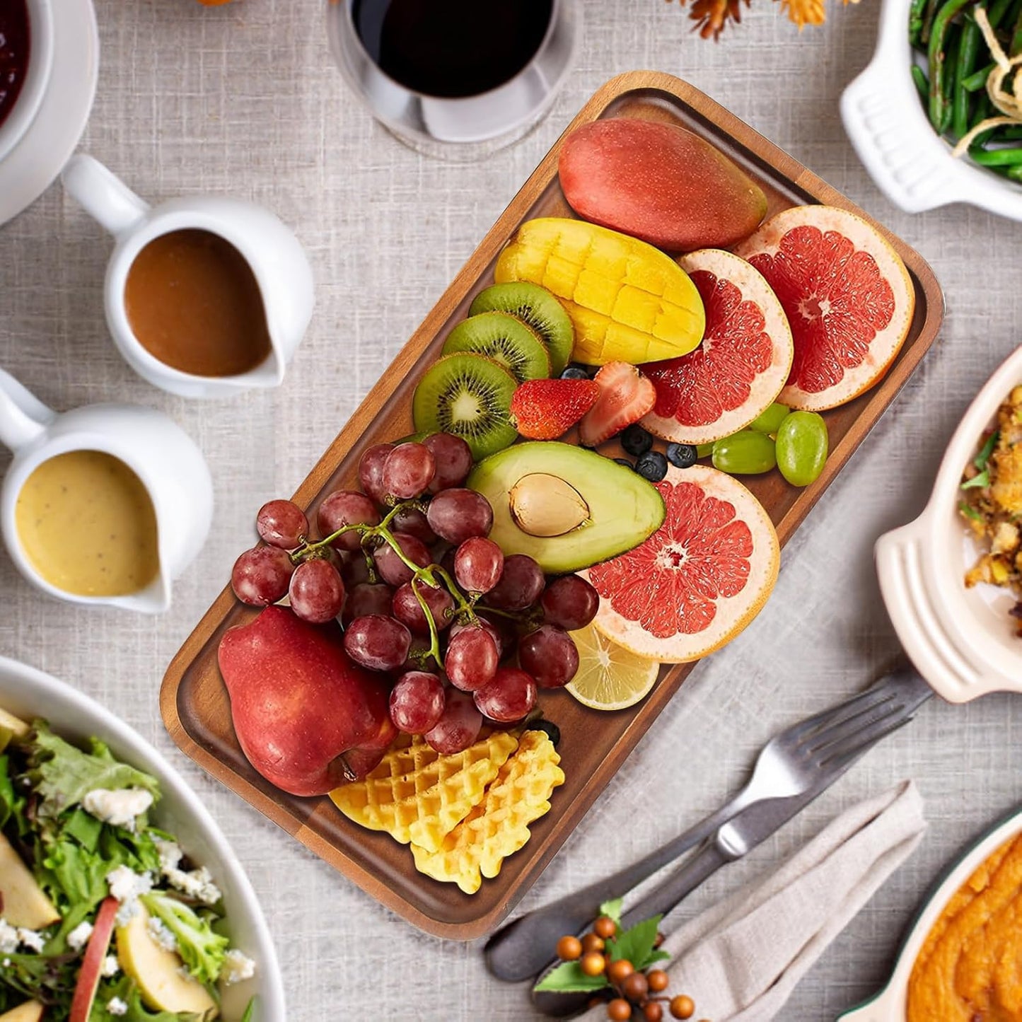 Wooden Serving Platters Acacia Long Charcuterie Boards Rectangle Wood Tray Home Decor Serving Cheese Board Appetizer Snack Plates Kitchen Dinner Platter for Food Dish Rectangular Cake Dessert Trays