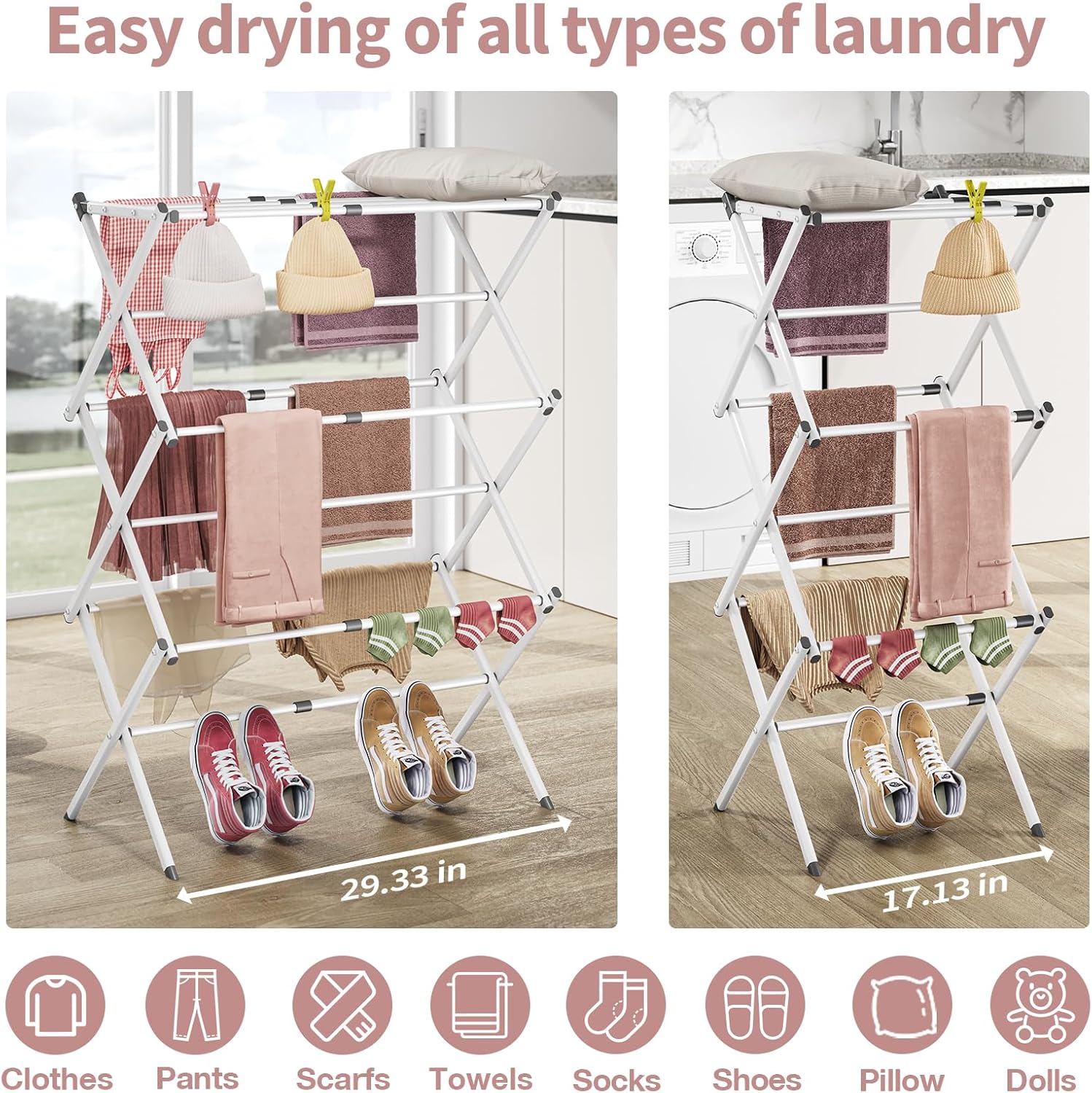 APEXCHASER Clothes Drying Rack, 3-Tier Laundry Drying Rack for Clothes, Expandable Metal Clothing Dryer, Collapsible Towel Rack, Air Drying Rack, White - NestledHome