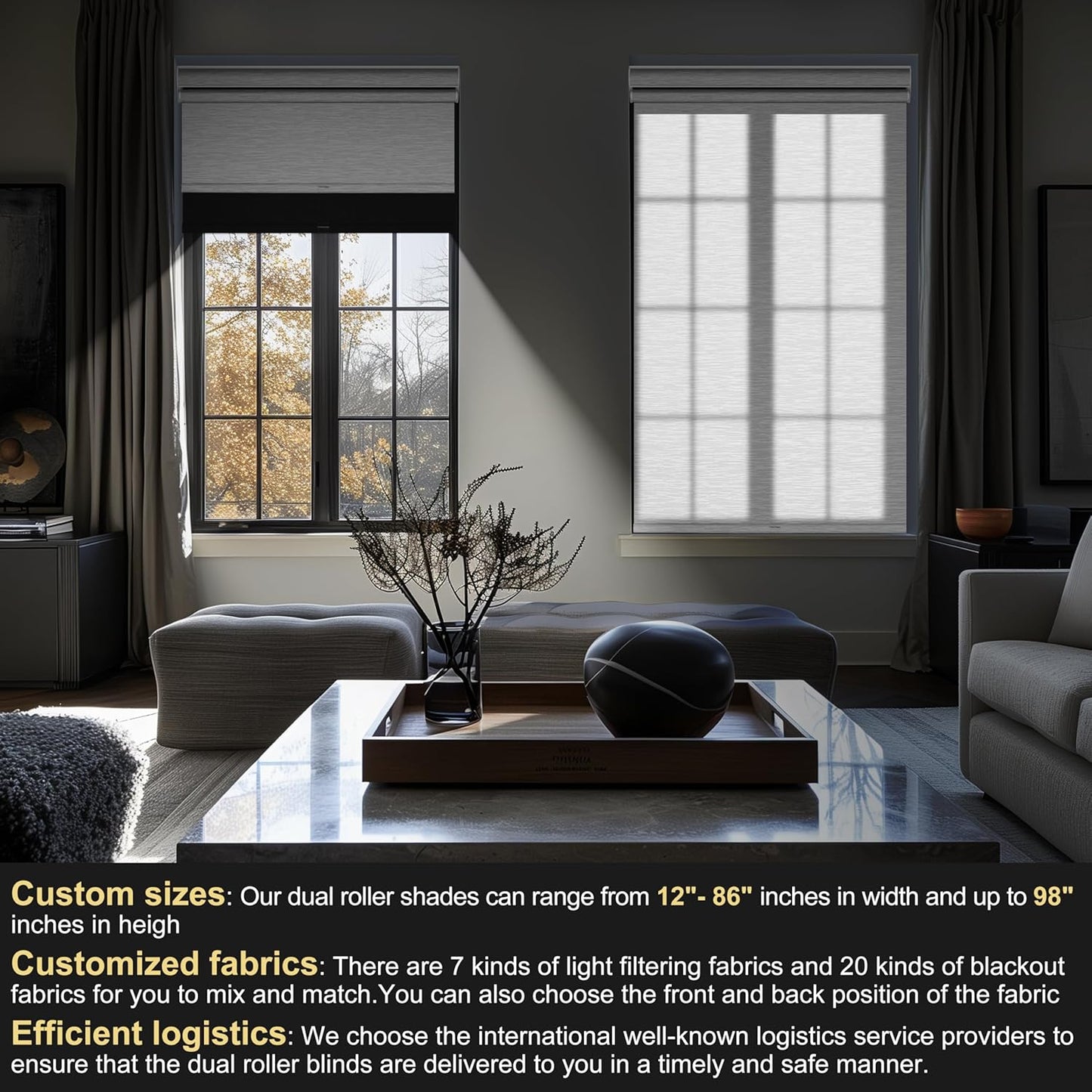 BERISSA Cordless Dual Roller Shades with Cassette Valance,Double Window Shades Blackout and Light Filtering Shades,Day and Night Roller Shades for Home Office Door.Linen Black and White.28 W x 36" H