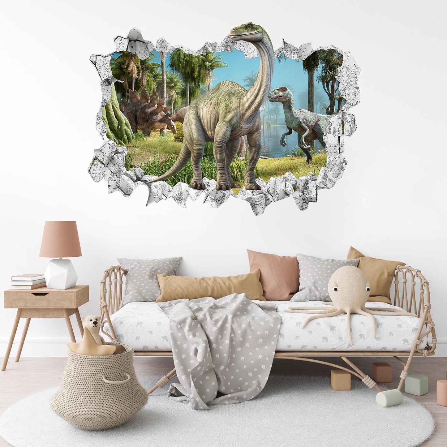 Large 3D Dinosaur Wall Stickers (31.7”x 22.5”), Dino Broken Hole Vinyl Wall Decals, Removable Forest Dinosaur Animal Wall Art for Kids Boys Bedroom Playroom Decor