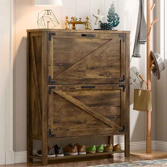 Vabches Shoe Storage Cabinet, 5-Tier Farmhouse Freestanding Organizer with 2 Flip Drawers, Wooden Shoes Rack Cabinets Storage Organizer with Doors for Entryway, Hallway, Closet, Rustic Brown