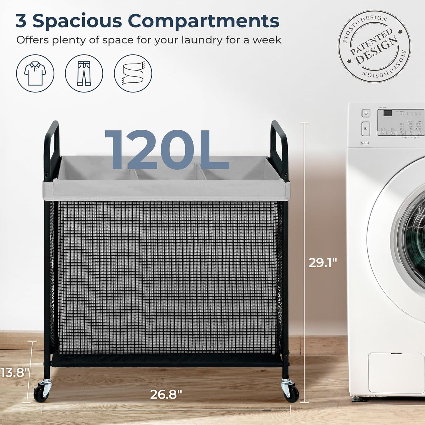 STO STO Laundry Hamper 3 Section, 120L Rolling Laundry Sorter Cart with Removable and Washable Liner Bag, Rolling Clothes Hamper with Metal Handle for Laundry Room and Bedroom, Gray - NestledHome