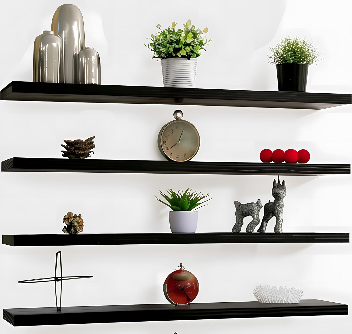 Wood Floating Shelves for Wall Decor, Rustic Wall Shelves for Bedroom Bathroom Kitchen Living Room, Set of 4 Black 48 Inch - NestledHome