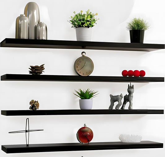 Wood Floating Shelves for Wall Decor, Rustic Wall Shelves for Bedroom Bathroom Kitchen Living Room, Set of 4 Black 48 Inch - NestledHome
