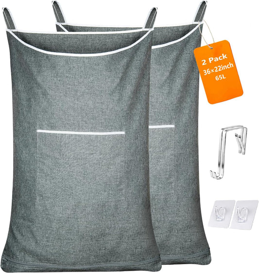 XL Large Hanging Laundry Hamper, Over the Door Laundry Bag with Zipper and Wide Open Top,Hanging Hamper for Storage Laundry, Clothes, Toys,36x 22 Inch, Heather Grey 2Pack. - NestledHome