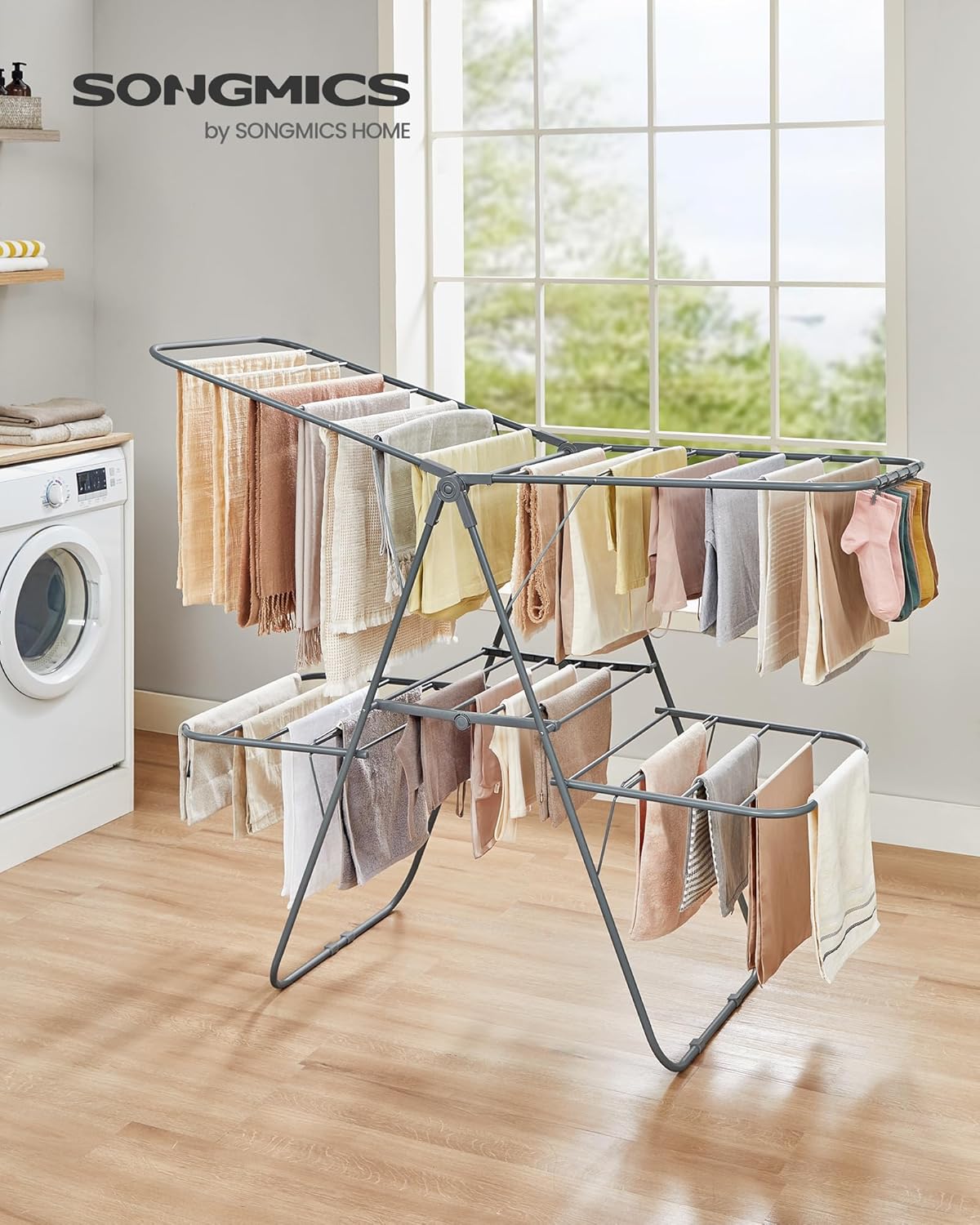 SONGMICS Clothes Drying Rack, Foldable 2-Level Laundry Drying Rack, Free-Standing Laundry Airer, with Height-Adjustable Wings, 33 Drying Rails, Sock Clips, Gray ULLR053G02V1 - NestledHome