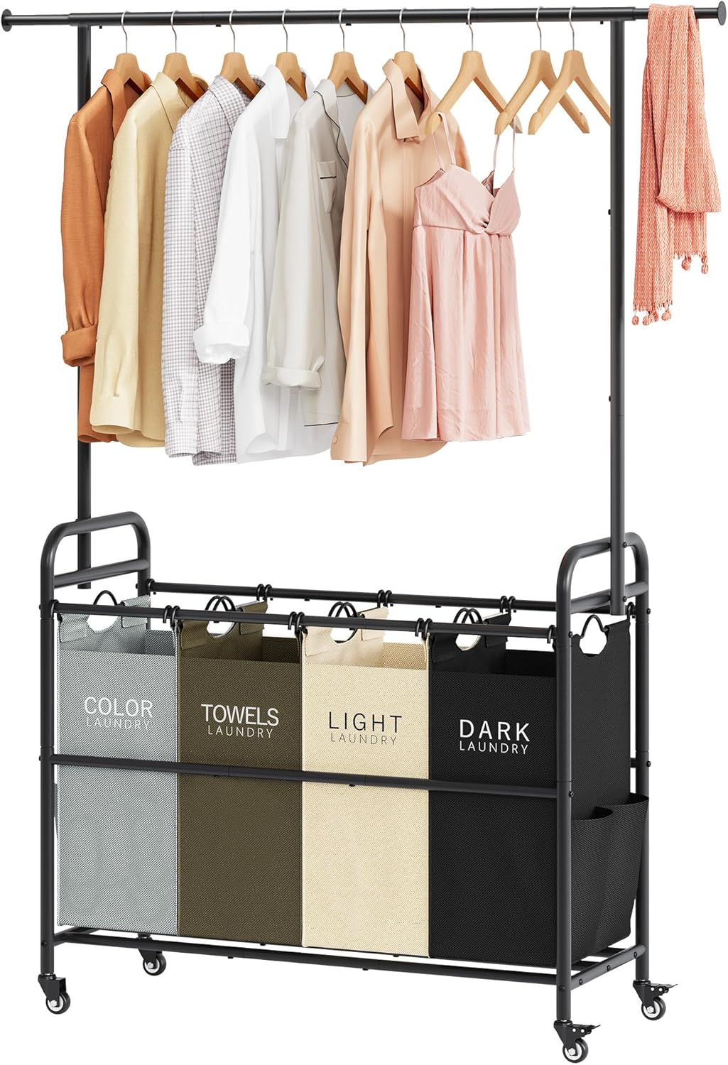 Tajsoon Laundry Sorter Cart with Hanging Clothes Rack, 4 Butler Sorter Basket Organizer, Laundry Hamper Cart with Heavy Duty Rolling Lockable Wheels, 4 Colors - NestledHome
