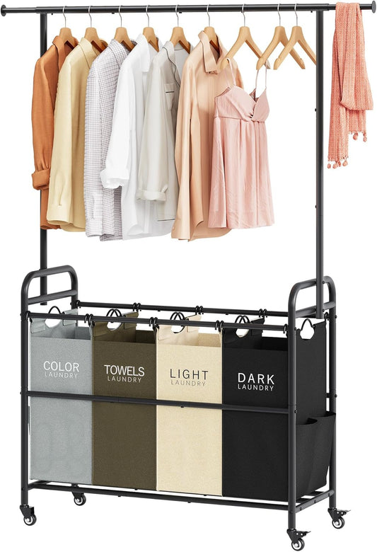 Tajsoon Laundry Sorter Cart with Hanging Clothes Rack, 4 Butler Sorter Basket Organizer, Laundry Hamper Cart with Heavy Duty Rolling Lockable Wheels, 4 Colors - NestledHome