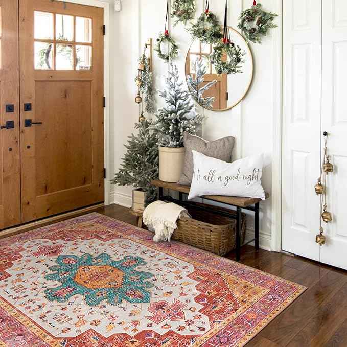 Moynesa Ultra-Thin Washable Area Rug - 4x6 Pink Rugs for Bedroom Girls Vintage Rug for Living Room, Non Slip Non Shedding Low Pile Indoor Throw Carpet for Nursery Office Entryway Kitchen Foyer