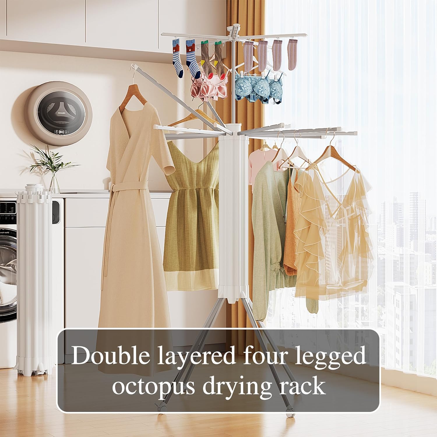 JOOM 4 Legs Double Layer Clothes Drying Rack, Garment Rack Portable and Foldable Space Saving Laundry Drying Rack - Drying Rack Clothing Floor Folding Balcony Bedroom Household Aluminum - NestledHome