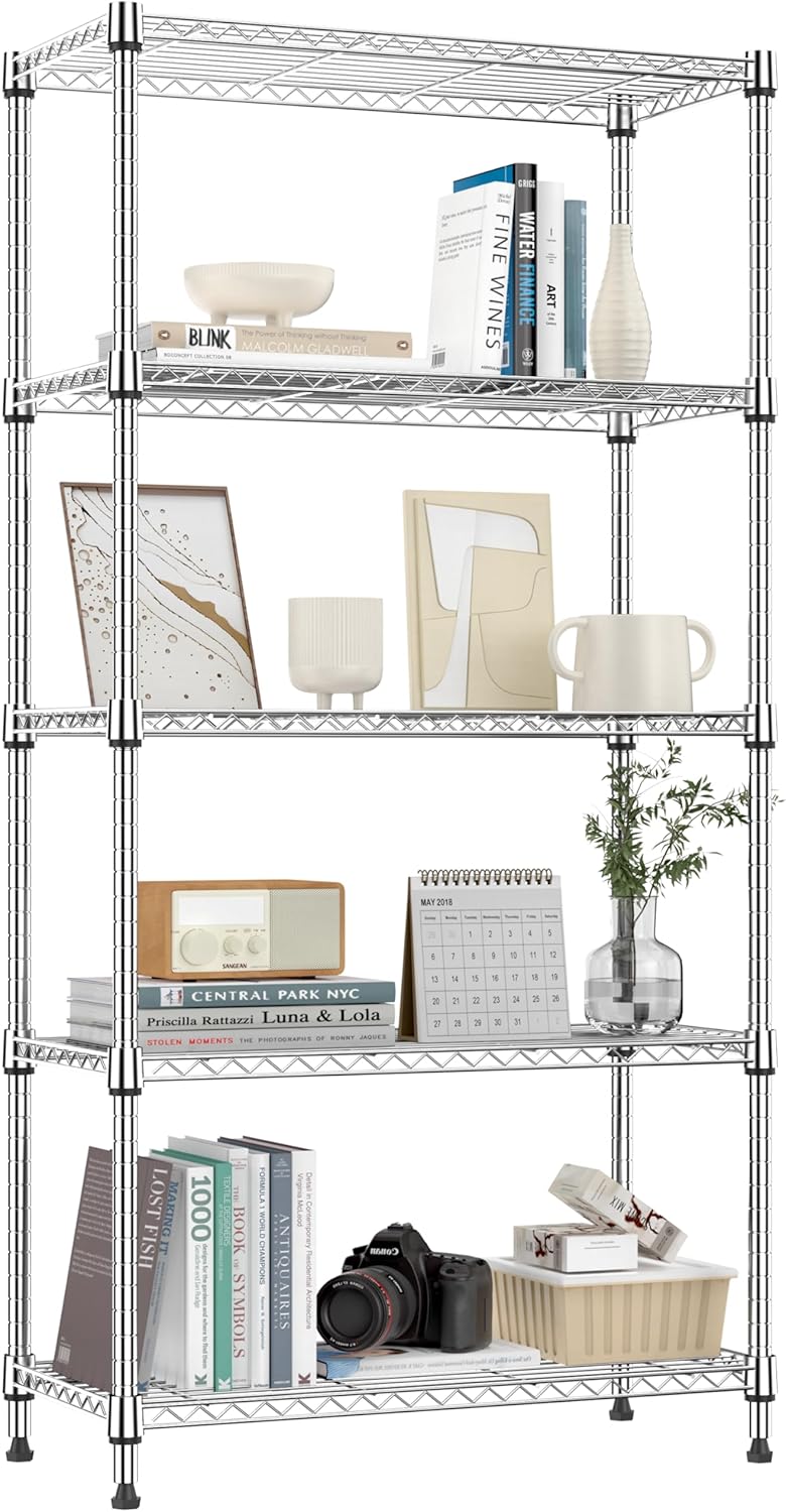 1250 lbs 5 Tier Shelf Metal Storage Shelves Shelving Wire Rack Heavy Duty Closet Organizers for Garage Kitchen Bathroom Laundry Chrome 13.8" D x 29.5" W x 59.5" H - NestledHome