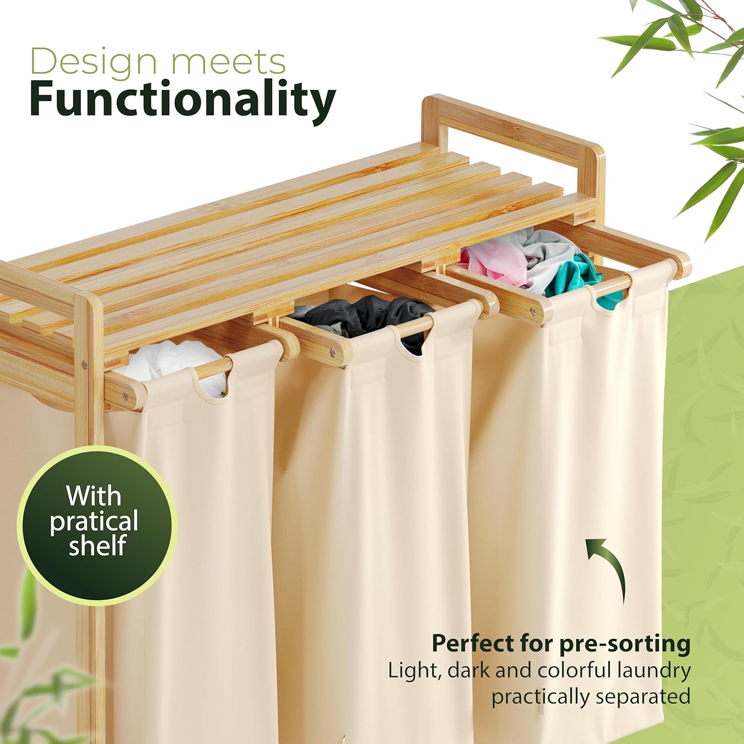 Laundry Hamper 3 Section beige - Large Bamboo Laundry Sorter with Removable Cotton Bags -Three Compartment Organizer for Clothes - Durable, Eco-Friendly, and Stylish Storage Solution for Home - NestledHome