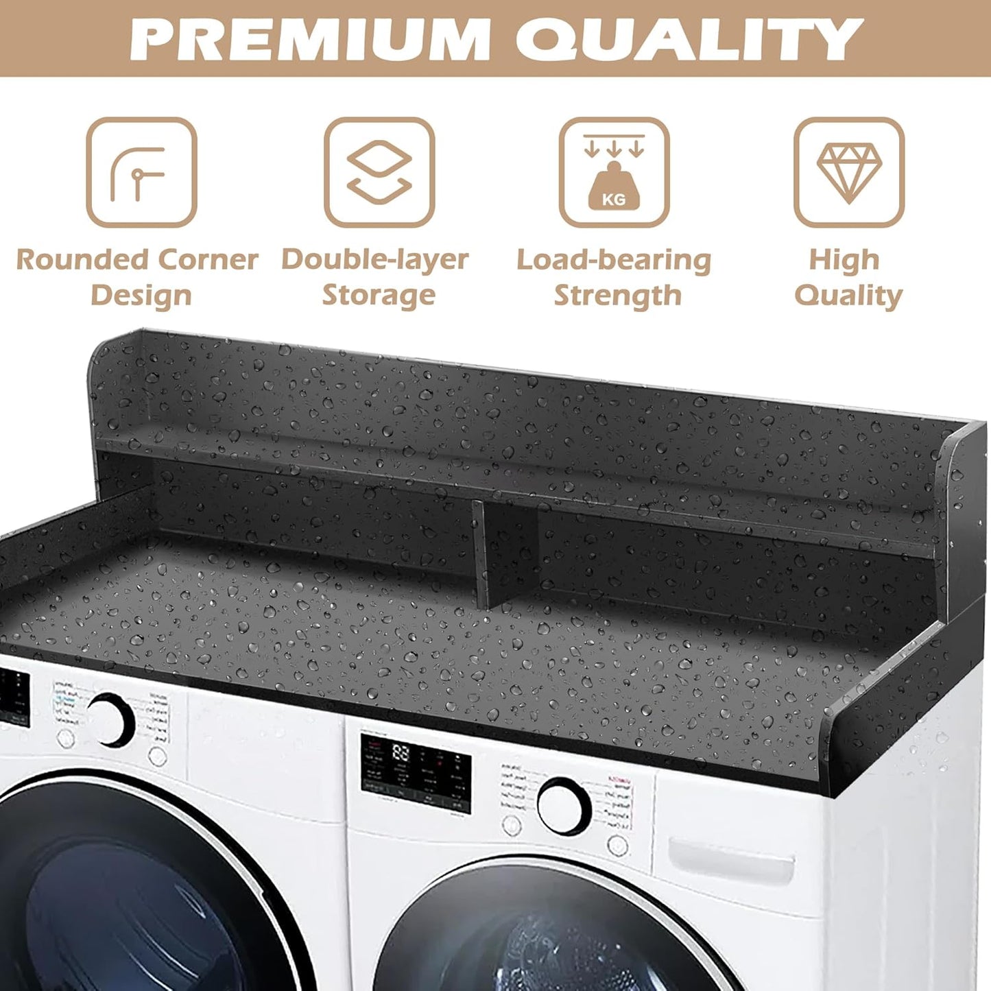Royxen Laundry Countertop with 2-Tier Shelf Universal Fit, Washer and Dryer Countertop with Storage Space, Shelf Height 11.5 Inches, Solid Wood, Black - NestledHome