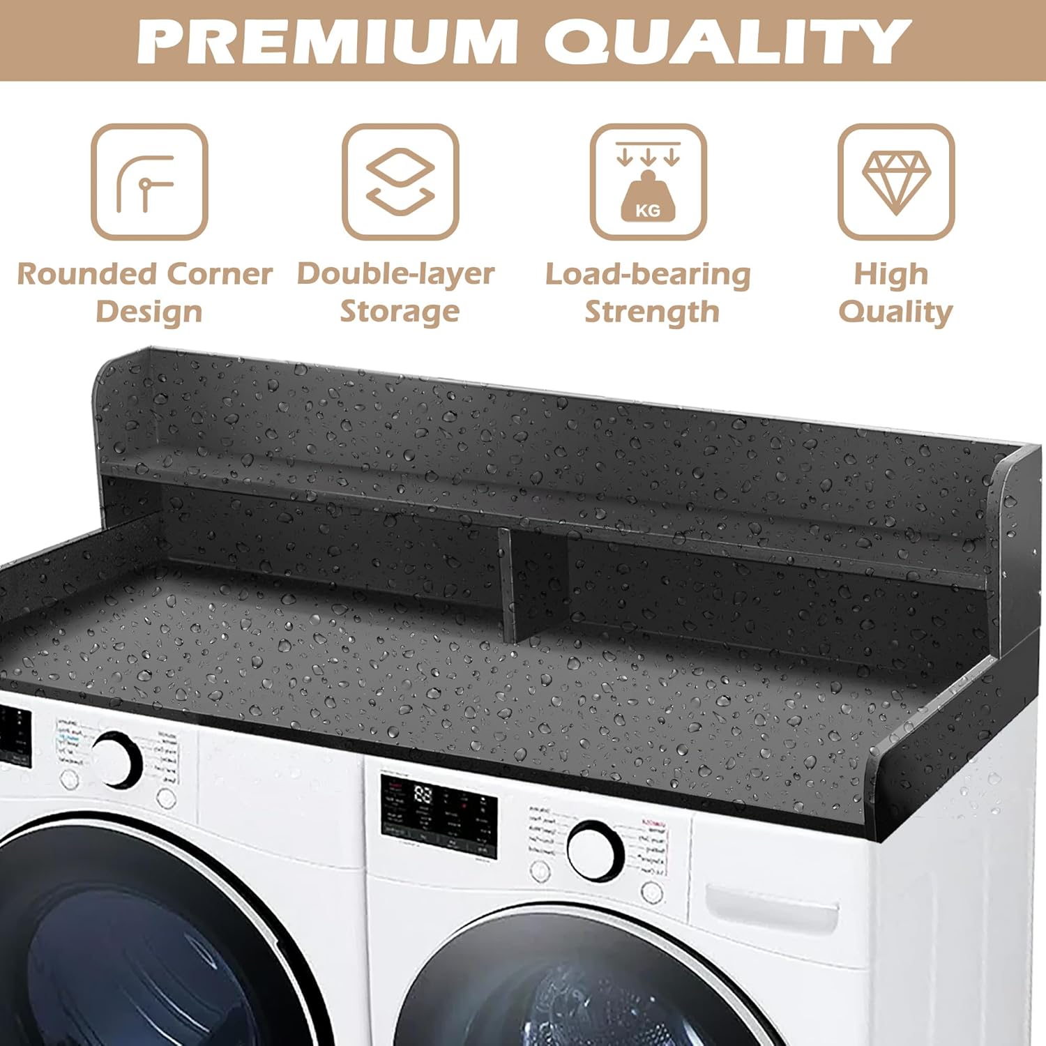 Royxen Laundry Countertop with 2-Tier Shelf Universal Fit, Washer and Dryer Countertop with Storage Space, Shelf Height 11.5 Inches, Solid Wood, Black - NestledHome