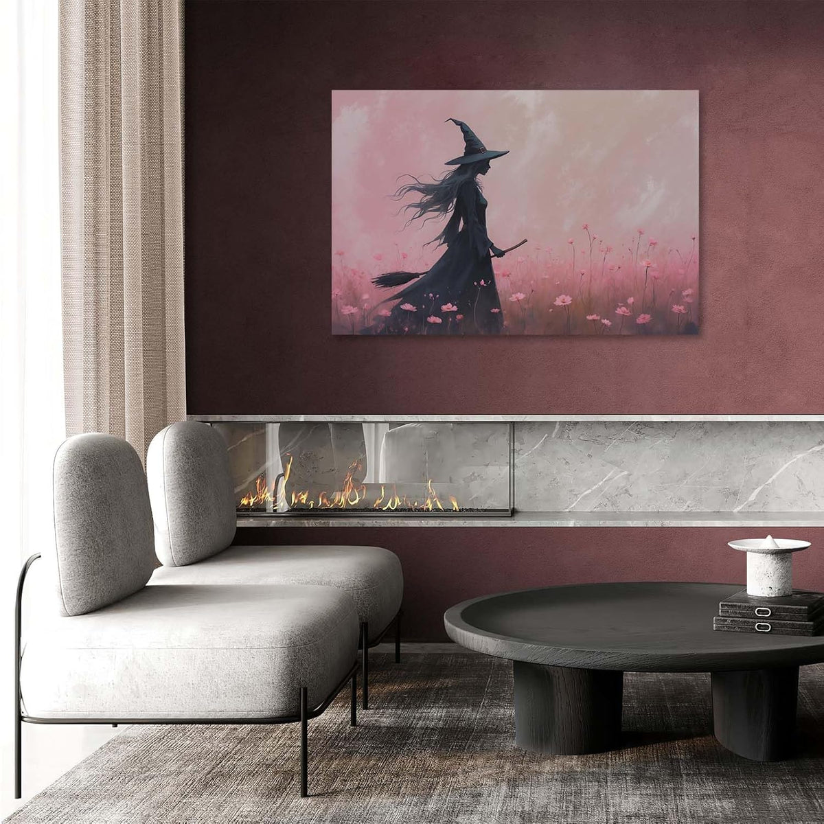 Witch in the pink sea of flowers Halloween prints weird flowers wall art silhouette painting fashionable romantic decoration suitable for bedroom28x40in Wood Framed