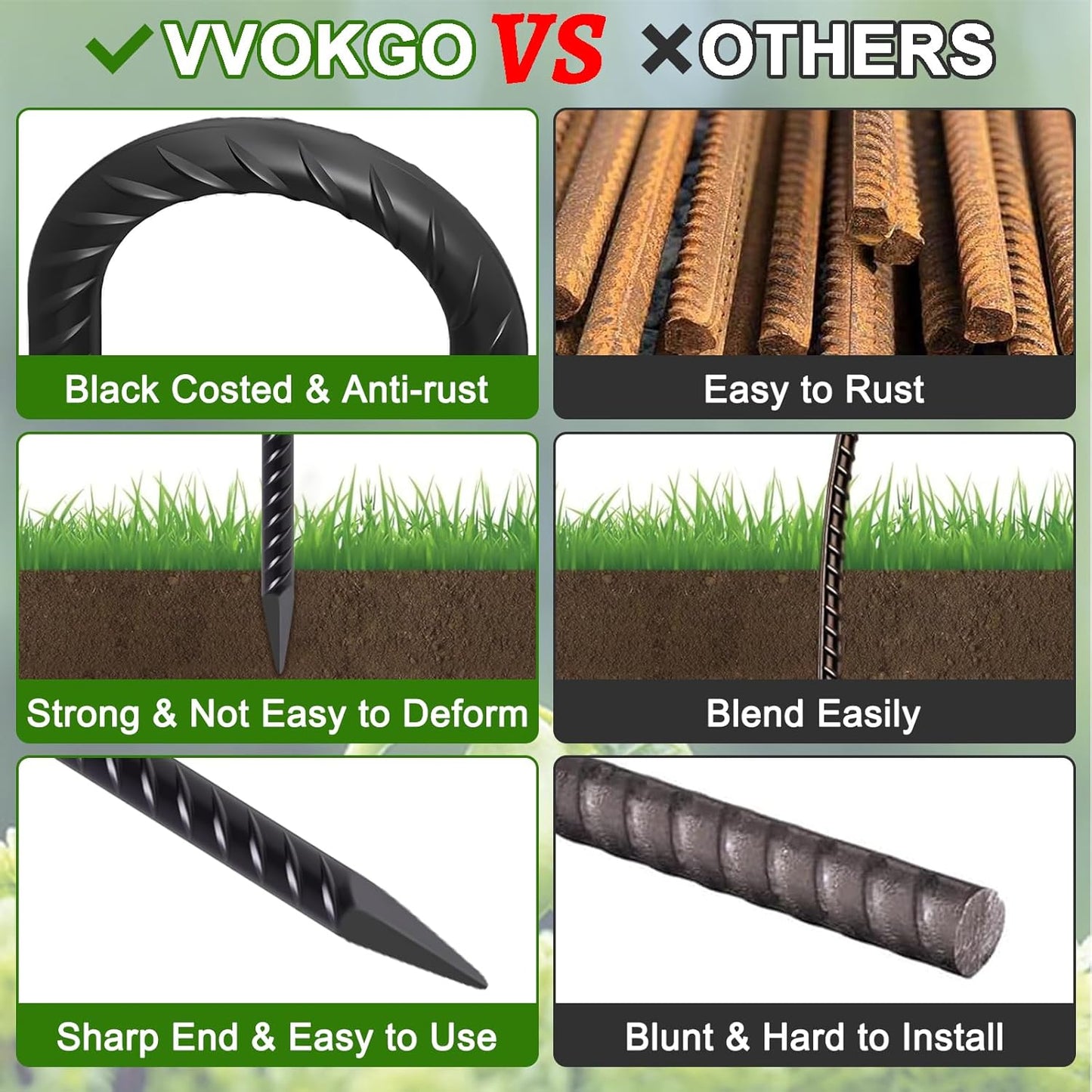 VVOKGO Rebar Stakes 24 Inch J Hook Heavy Duty Ground Anchors (16pcs), 3/8 Inch Diameter Metal Steel Extra Long Fence Stakes with Chisel Point End for Greenhouse, Gazebo, Carport, Camping Tents, Black