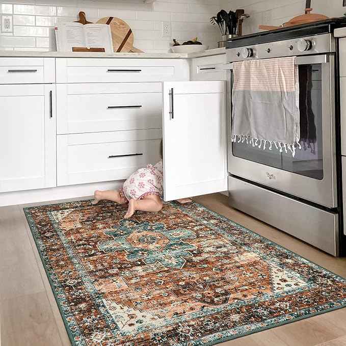 Moynesa Ultra-Thin Washable Vintage Area Rug - 3x5 Boho Non-Slip Entryway Rug Oriental Medallion Living Room Rug Entrance Mat Carpet for Kitchen Laundry Bathroom Bedroom, Brick Red/Dull Teal