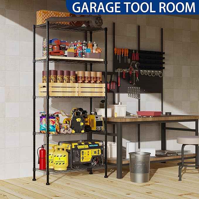 REGILLER 5-Wire Shelving Metal Storage Rack Adjustable Shelves,Standing Storage Shelf Units for Laundry Bathroom Kitchen Pantry Closet(Black,14.1" D x 30" W x 79" H)