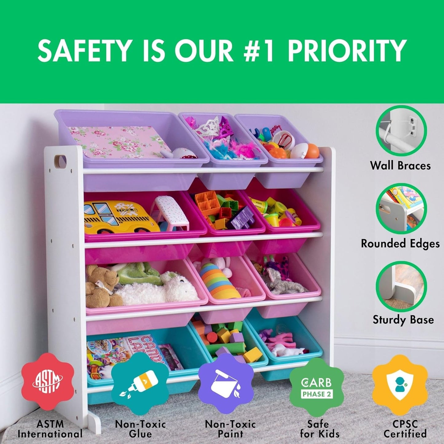 Humble Crew Kids Toy Storage Organizer with 12 Plastic Bins, White/Pink/Purple/Turquoise – Removable Bins for Playroom, Bedroom, Toddler Furniture for Boys and Girls Ages - NestledHome