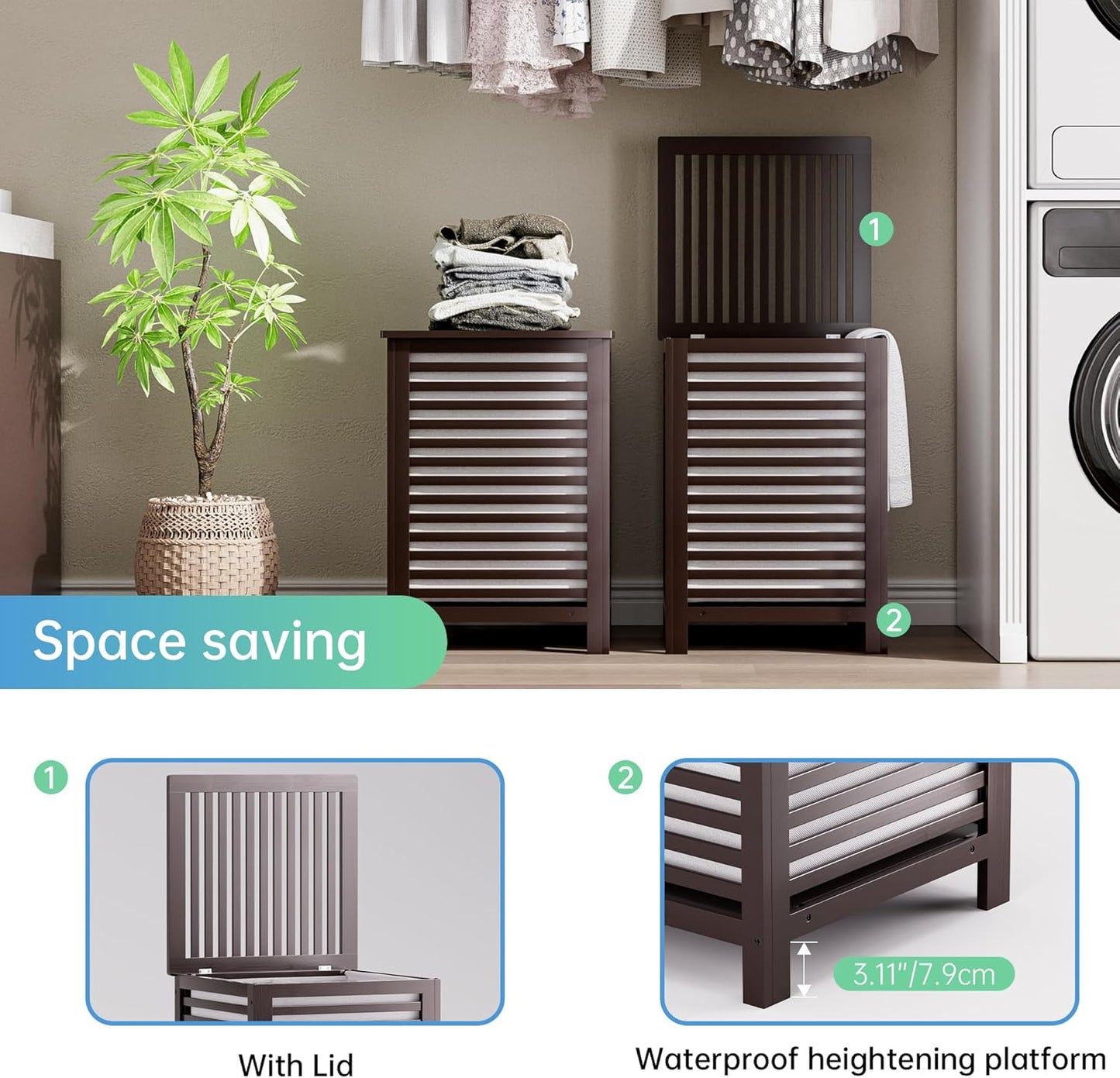 SMIBUY Double Laundry Hamper with Lid, 120L Bamboo Laundry Basket with Removable Liner Bag, 2-Section Clothes Divider Laundry Sorter for Laundry Room, Bathroom, Bedroom (Dark Brown) - NestledHome