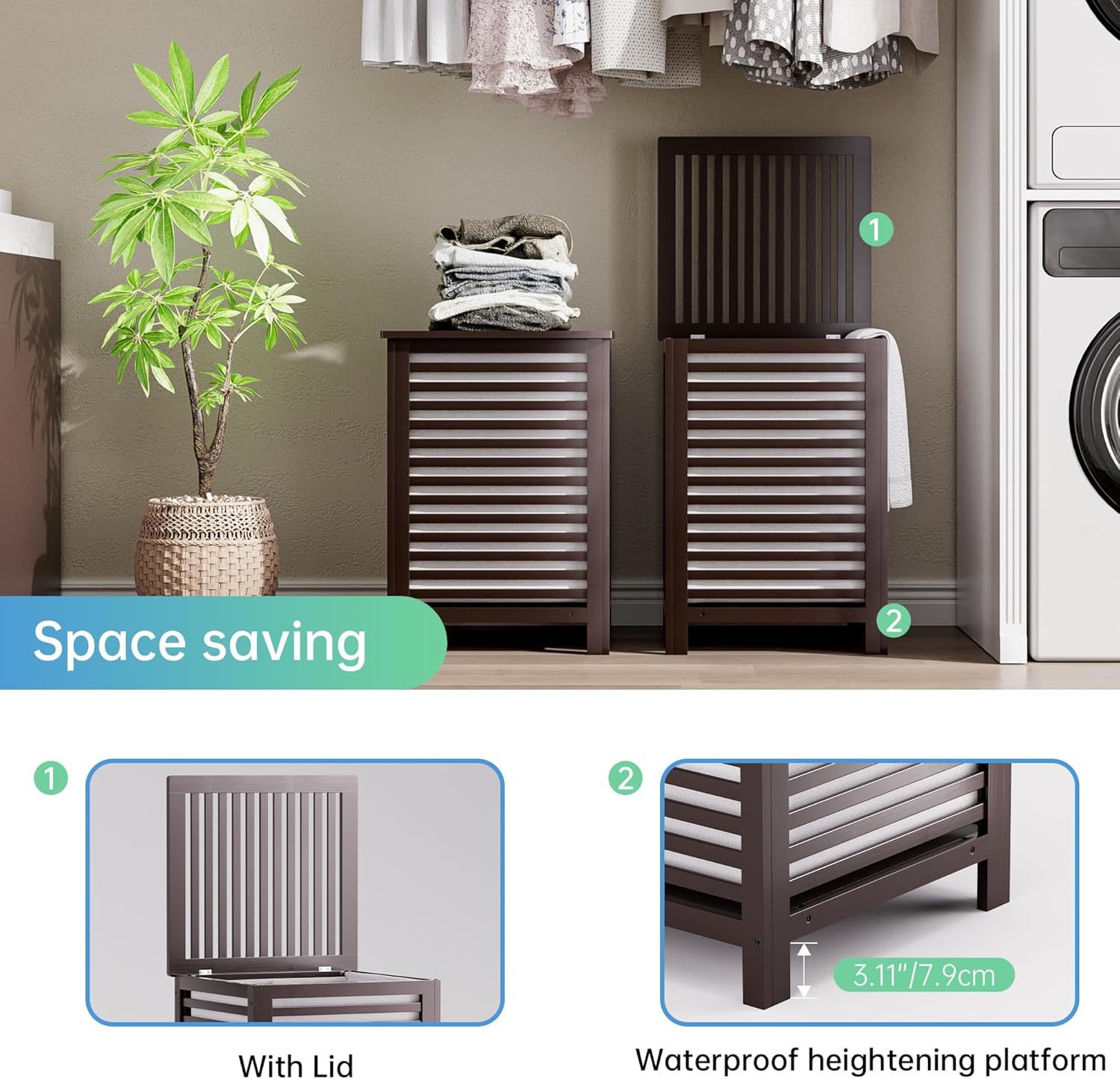 SMIBUY Double Laundry Hamper with Lid, 120L Bamboo Laundry Basket with Removable Liner Bag, 2-Section Clothes Divider Laundry Sorter for Laundry Room, Bathroom, Bedroom (Dark Brown) - NestledHome