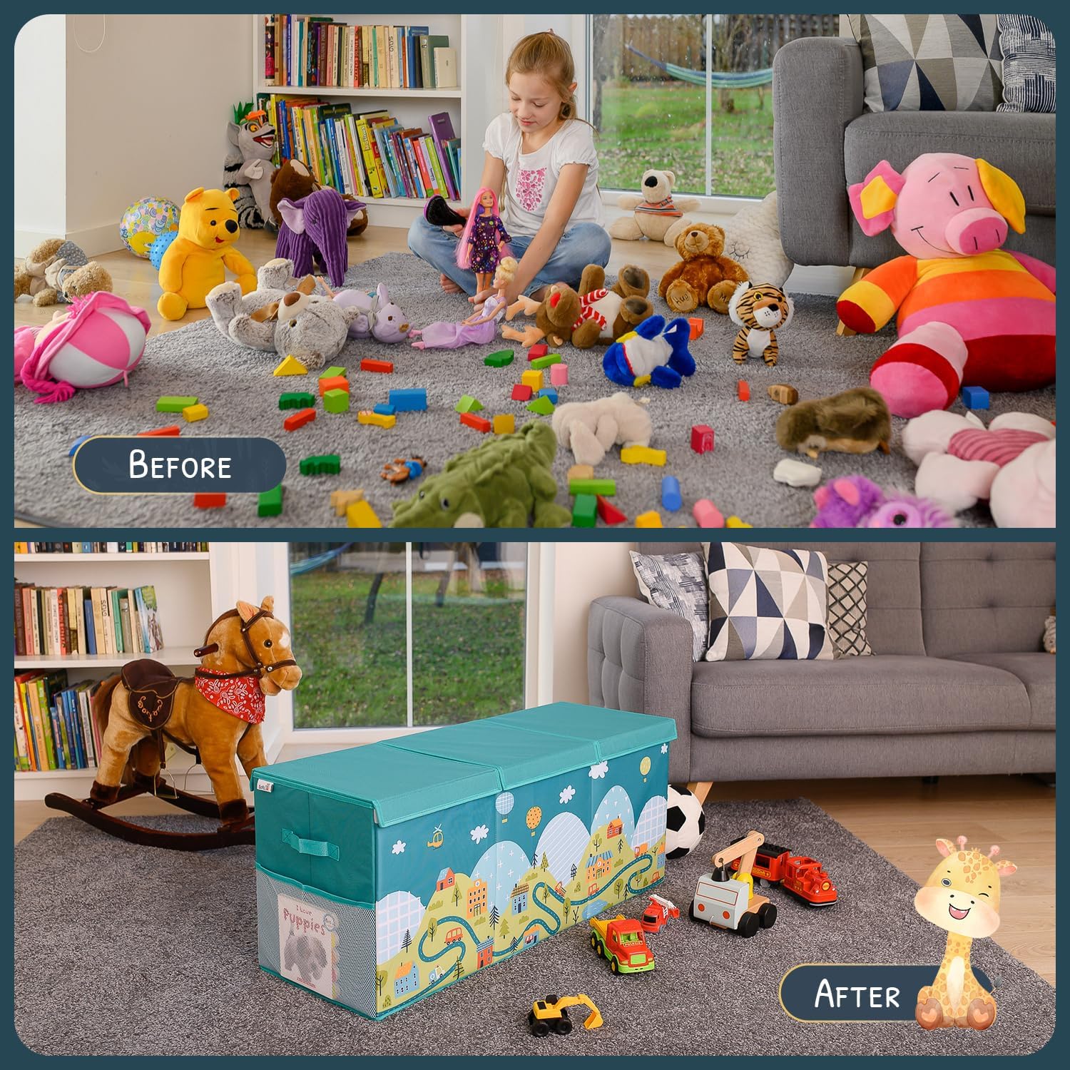 Extra Large Toy Storage Organizer with Lid - Sturdy, Collapsible Toy Chest Storage Box with Cute Design - Toys Bin with Dividers for Kids, Boys, Girls, Nursery, Bedroom, Play room 37"x16"x14" - NestledHome