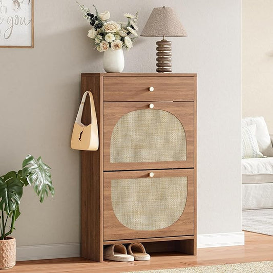 Nicetree Shoe Cabinet for Entryway, Slim Shoe Rack with 2 Flip Drawers and Top Storage Drawer, Narrow Shoe Organizer with Printed Rattan-Look Design, Entryway Shoe Storage for Size 12 Shoes, Caramel