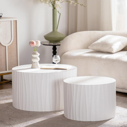 Nesting Round Coffee Table Set of 2, 26.77" (W) Circle Accent End Table with Water Ripple Pattern, Morden Drum Side Table, Wooden Center Table for Living Room, Fully Assembled - White - NestledHome
