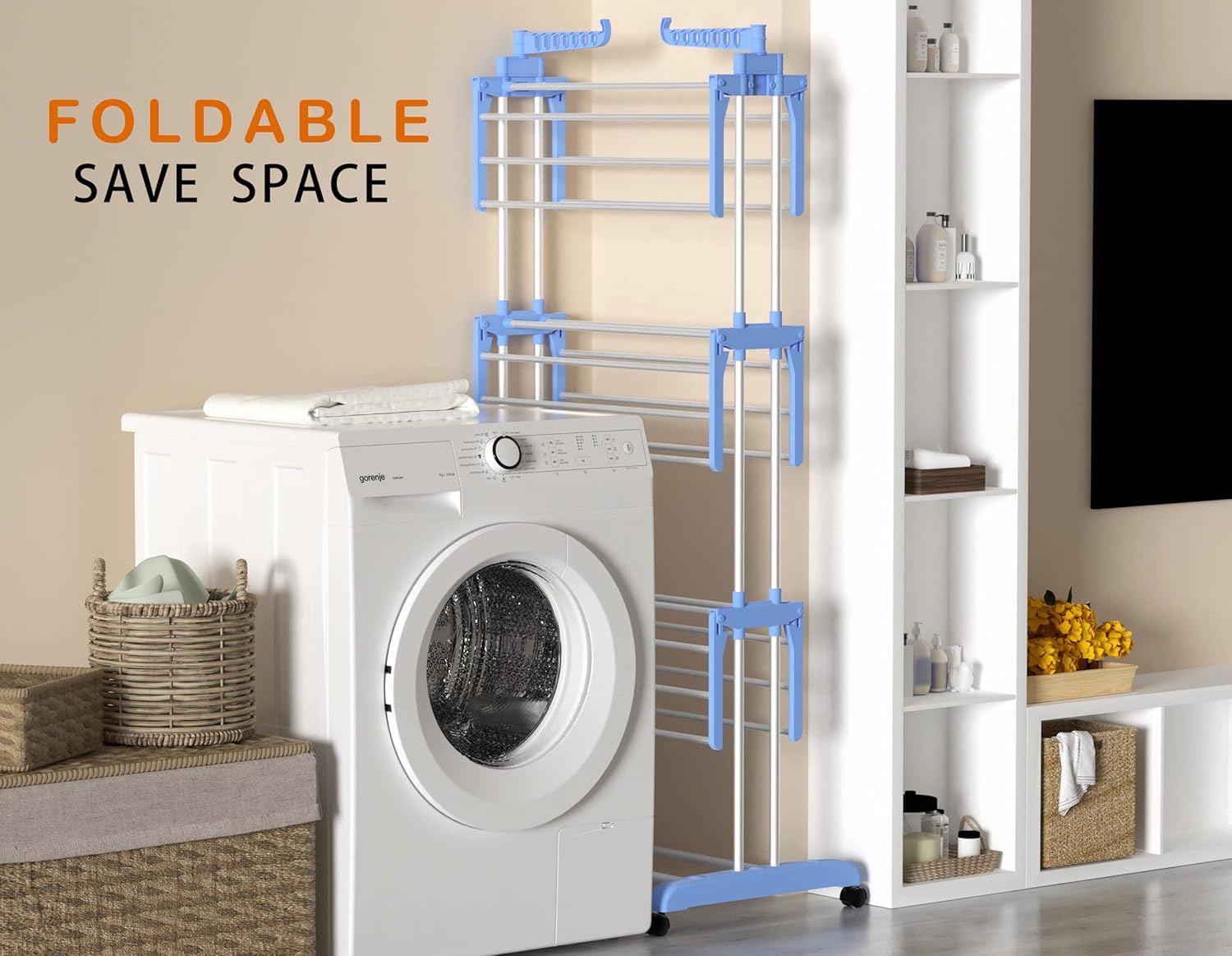 HOMIDEC Clothes Drying Rack, Large 4-Tier Foldable Drying Rack Clothing(67.7H x 19.7W x 30L Inches), Movable Drying Rack with 4 castors. Multifunctional Stainless Steel Laundry Drying Rack, Blue - NestledHome