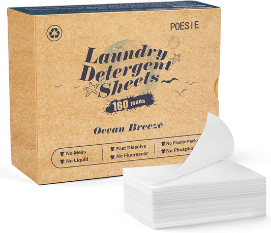 Poesie Laundry Detergent Sheet Ocean Breeze Scent 160 Loads Portable Non-Plastic Drawer Box Travel-Friendly Liquidless Portable No Mess Laundry Soap Strips for Home Dorm RV Outdoor Trip - NestledHome