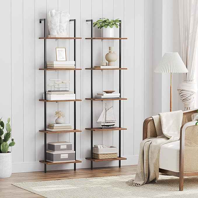 HOOBRO DIY Ladder Shelf, 5-Tier Wooden Wall Mounted Bookshelf, Narrow Bookcase, Display Shelf, Storage Rack, Plant Stand, for Living Room, Bedroom, Study, Balcony, Rustic Brown and Black BF531CJ01