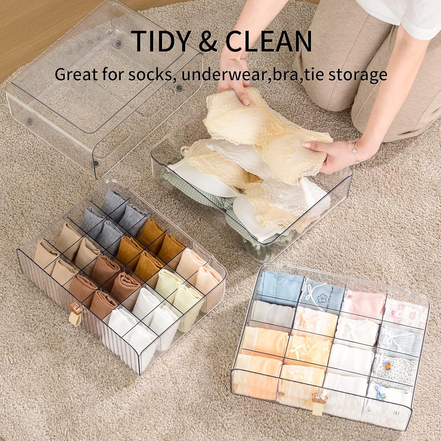 Underwear Organizer for Closet, Acrylic Socks Bra Underwear Drawer Organizer with Dividers, 24 Cell Stackable Closet Organizer and Storage Drawer for Clothing, Baby Clothes, Bra, Ties, Scarf - NestledHome