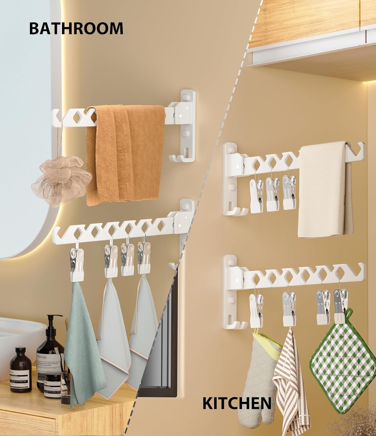 Wall Mount Coat Hanger Holder White Clothes Drying Organizer Rack Garment Hooks Aluminium Retractable Folding Indoor Wall Mounted Hanger Space Saver for Laundry Room Bedroom White 2 Pack with 8 Hooks - NestledHome
