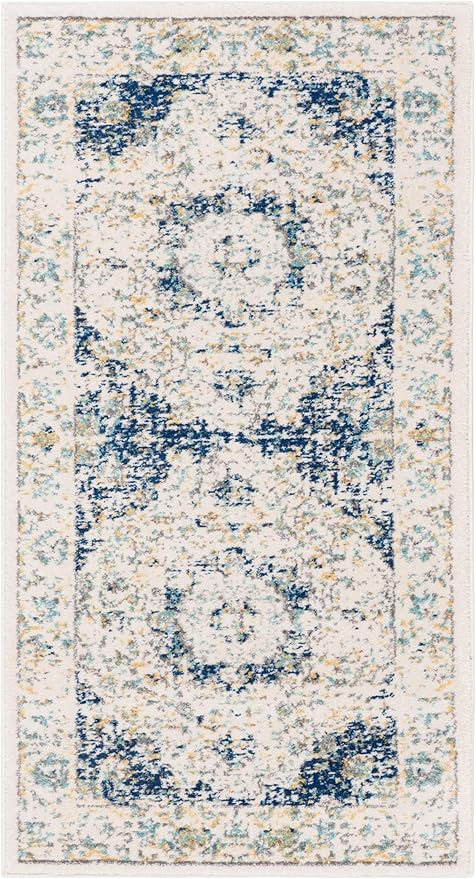 SAFAVIEH Evoke Collection Runner Rug - 2'2" x 4', Ivory & Blue, Shabby Chic Oriental Medallion Design, Non-Shedding & Easy to Clean, Ideal for Foyer, Kitchen, Entryway (EVK220C)