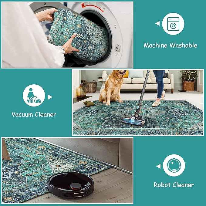 Moynesa 2x4 Teal Vintage Floral Medallion Runner Rug - Machine Washable, Non-Slip, Low Pile, Indoor Use Only