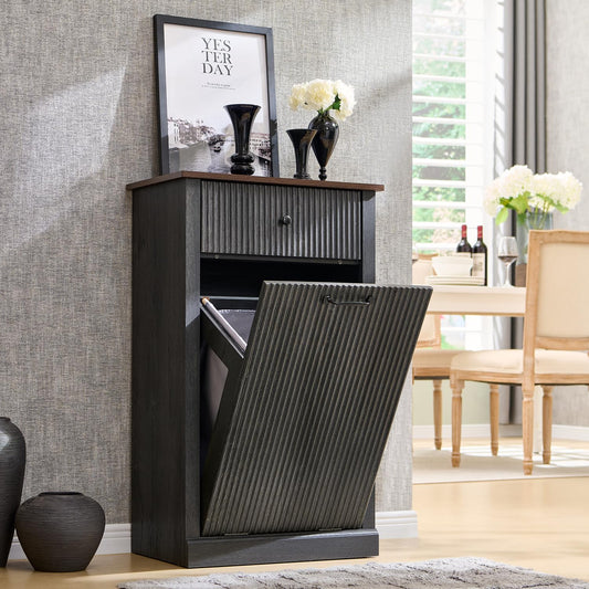 Modern Tilt-Out Trash Can Cabinet, 10 Gallon Fluted Laundry Hamper Cabinet with Drawers, Wooden Hidden Garbage Can Cabinets with Storage Basket, Free Standing for Kitchen and Living Room, Grey - NestledHome