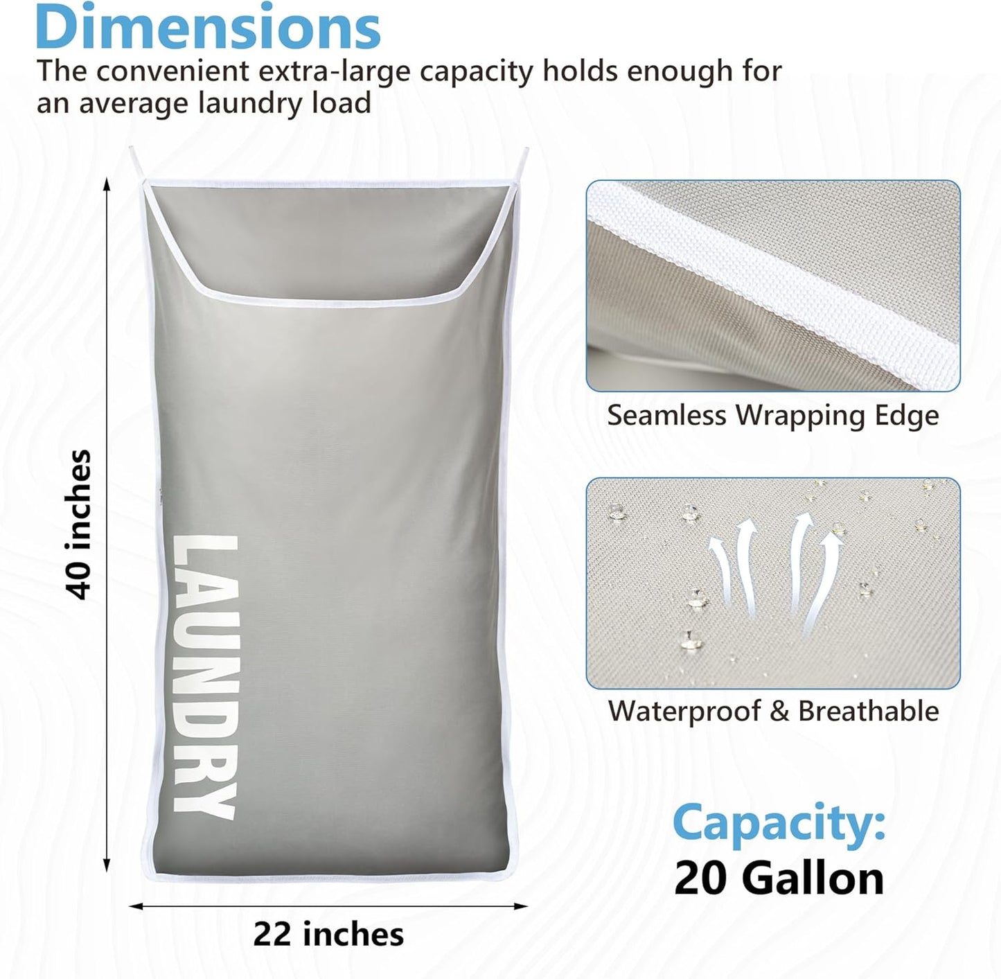 Hanging Laundry Hamper Bag XL 40x22", Space Saving over the Door Storage Bags, Behind the Door Hampers for Dirty Clothes & Wall Mounted Basket for Bathroom, Organizer for Small Room Spaces RV - NestledHome
