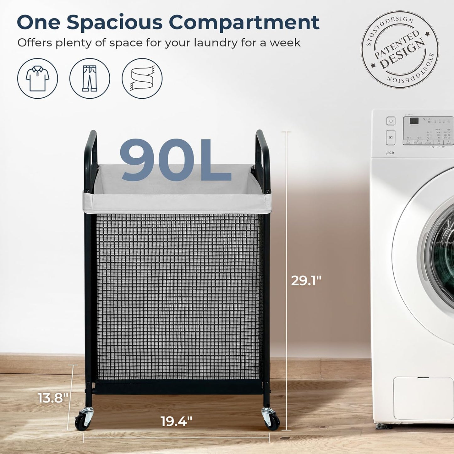 STO STO Laundry Hamper, 90L Rolling Laundry Sorter Cart with Removable and Washable Liner Bag, Rolling Clothes Hamper with Metal Handle for Laundry Room and Bedroom, Gray - NestledHome